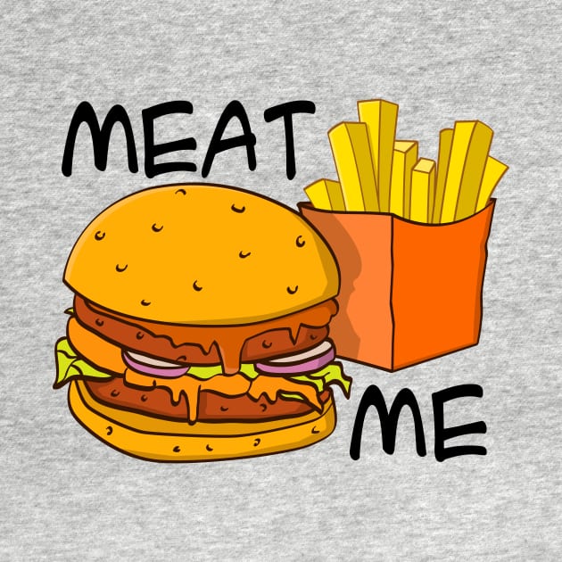 “Meat me” burger and fries illustration with black text. by Stefs-Red-Shop